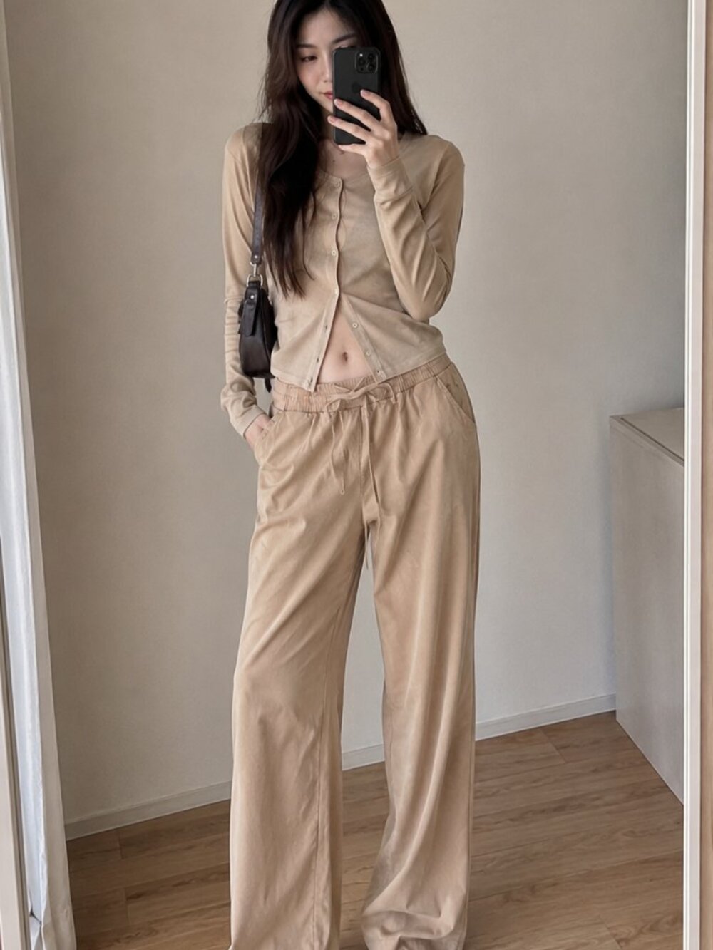 Beige Wide Leg Lounge Pants Minimalist Korean Style Size S